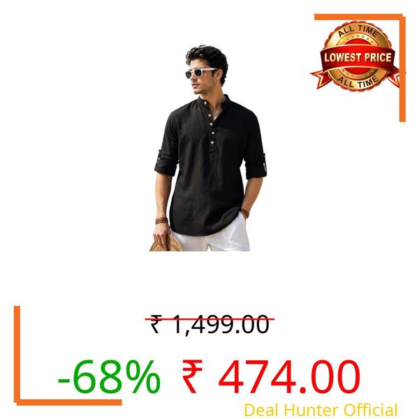 Majestic Man Men's Pure Cotton Solid Mandarin Collar Slim Fit Roll-Up Sleeves Short Kurta (Black, Small)