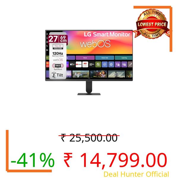 LG 27U511SB 69 cm (27 Inch) Full HD (1920x1080) IPS Smart Monitor with webOS26, 120Hz, Wi-Fi, Bluetooth, Miracast, AirPlay, Speakers, HDMI, USB-A, Slim Stand, 3-Side Virtually Borderless (Black)