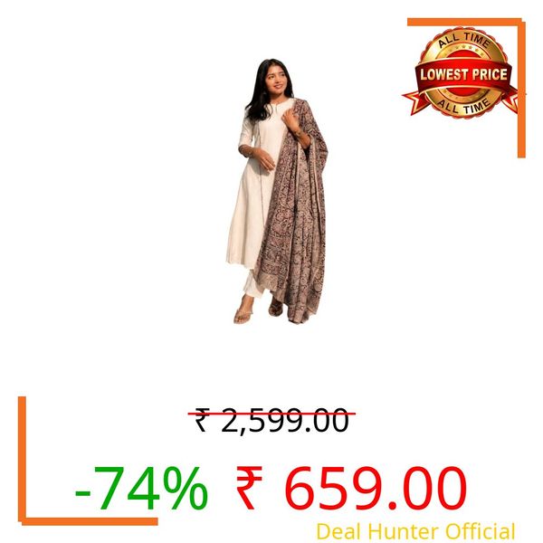 GoSriKi Women's Straight Cotton Printed Kurta with Pant and Dupatta (Syeti White-GS_M_White_M)