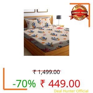 DECORUM 300TC Glace Cotton Fitted Bedsheet King Size (72"x78")| All Around Elastic| Cotton Feel| 2 Pillow Covers (17"x27")| Fits Up to 8" Mattress| 220 TC|Soft, Wrinkle-Free| Leaf- Multi & Light Peach