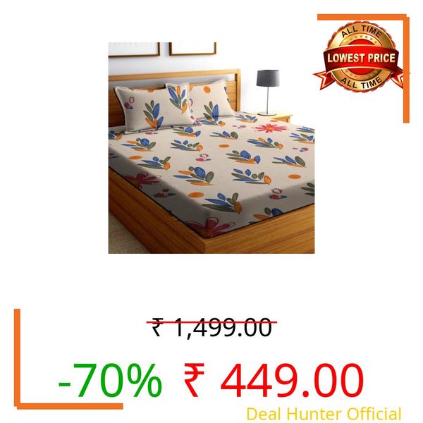 DECORUM 300TC Glace Cotton Fitted Bedsheet King Size (72"x78")| All Around Elastic| Cotton Feel| 2 Pillow Covers (17"x27")| Fits Up to 8" Mattress| 220 TC|Soft, Wrinkle-Free| Leaf- Multi & Light Peach