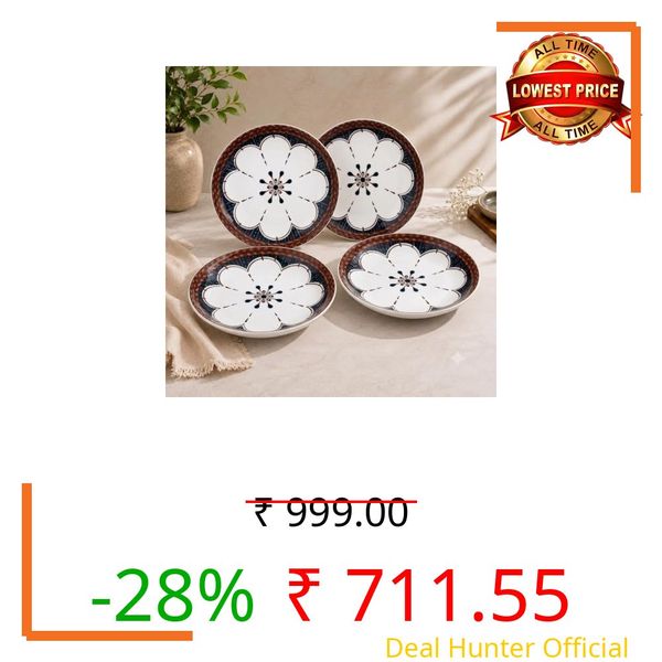 JUWIL 8 Inch Ceramic Plates Set of 4, Elegant Floral Printed Dinner Plates, Decorative Serving Plates for Snacks, Breakfast & Meals, Stylish Tableware for Home & Kitchen (4 Plate)