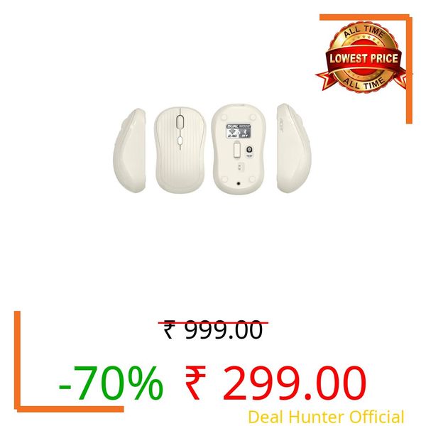 Acer Flow Silent Wireless Mouse | Bluetooth & 2.4GHz Dual Mode | 3-Level 1600 DPI | 500mAh Rechargeable Battery | Up to 1 Month Usage | Type-C Charging | 10m Range | Ambidextrous Design | Ivory
