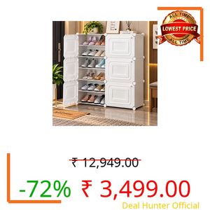 EXVITO Plastic Shoe Rack for Home with Door, 6-Door DIY Shoe Storage Cabinet | 12-Shelfs for 24 Pairs | Waterproof & Portable DIY Shoe Slipper & Chappal Stand for Entryway/Bedroom - Off White