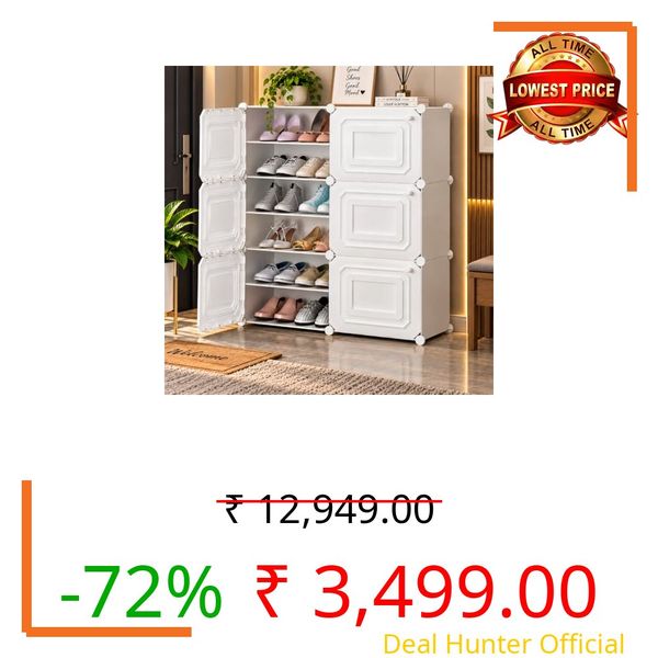 EXVITO Plastic Shoe Rack for Home with Door, 6-Door DIY Shoe Storage Cabinet | 12-Shelfs for 24 Pairs | Waterproof & Portable DIY Shoe Slipper & Chappal Stand for Entryway/Bedroom - Off White