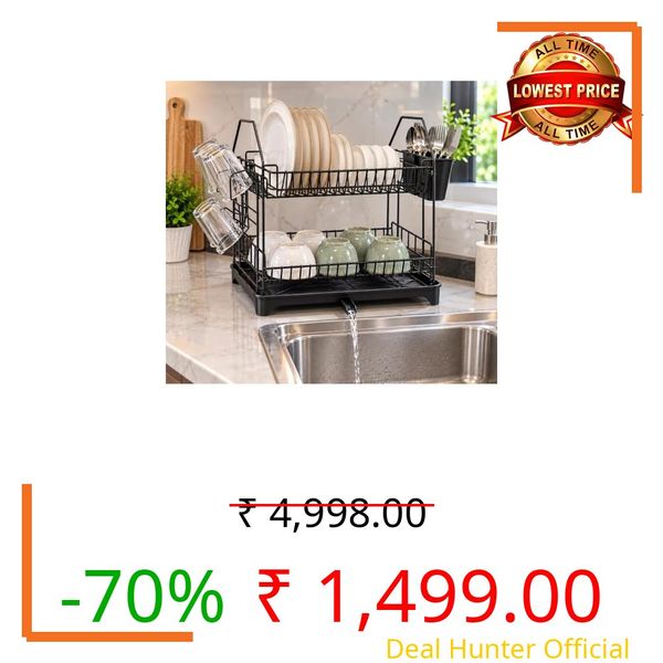 JD FRESH 2 Tier Dish Drainer Rack for Kitchen/Countertop Dish Stainer with Utensils Drying Tray/Plate Stand with Cutlery & Glass Holder/Space Saving Dish Drainer Kitchen Rack (Black)