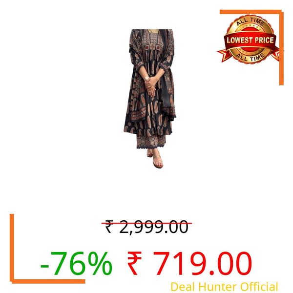 Nermosa Women's Printed Anarkali Kurta Palazzo Set with Dupatta (IN, Alpha, L, Regular, Black)