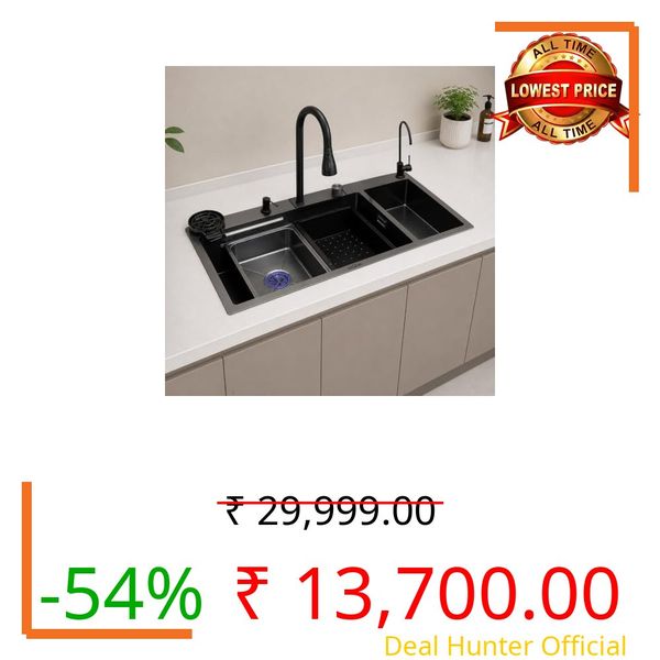 ARQUIN ARQUIN Waterfall Sink 37"x18"x9" Double Bowl Kitchen Sink Integrated Waterfall & Pull-down Faucet Premium dual Sinks Stainless Steel with Anti-Scratch Honeycomb Design
