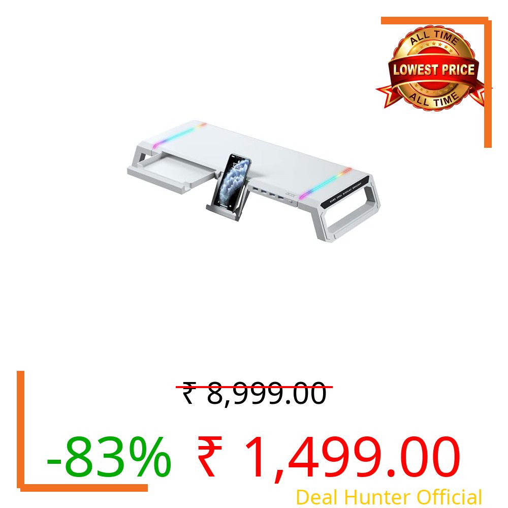 acer Ergo Multifunction Monitor & Laptop Stand Featuring RGB Lighting and a 4-Port USB Hub with Aluminum Multi Keyboard Storage Space Bar, Suitable for Both Office and Home Environments (White)