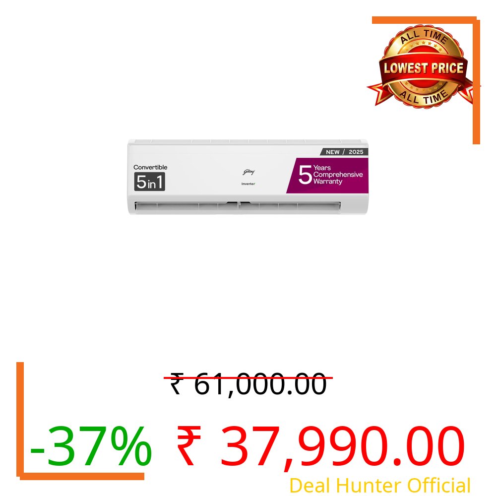 Godrej 2 Ton 3 Star, 5 Years Comprehensive Warranty, 5-In-1 Convertible Cooling, Inverter Split AC (Copper, I-Sense Technology, AC 2T EI 24I3T WZR, White)
