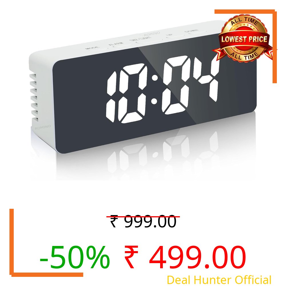 ROMINO Digital Alarm Clock for Heavy Sleepers, LED Mirror Table Clock for Study Table, Students, Office, Corporate | Alarm Clock for Bedroom with Loud Sound, Automatic Sensor, Date & Temperature:,