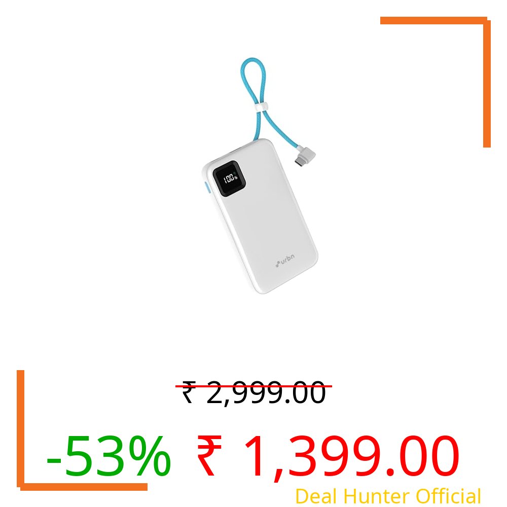 URBN 10000mAh Power Bank with Built-in Type-C Cable | 22.5W Super Fast Charging | Smart LED Display | Pocket Size | Dual Type C PD + USB Output | Portable Charger for iPhone, Samsung, and More - White